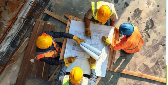 Project team reviewing upgrade drawings on site to develop practical improvements