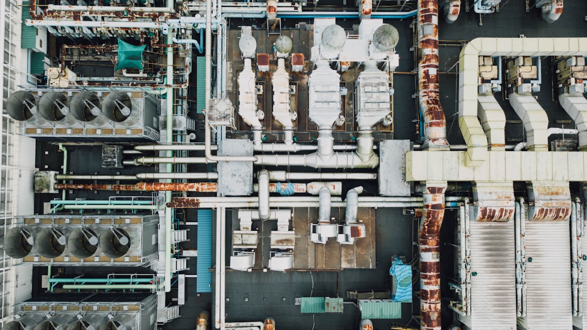 Aerial view of industrial plant piping and utility systems
